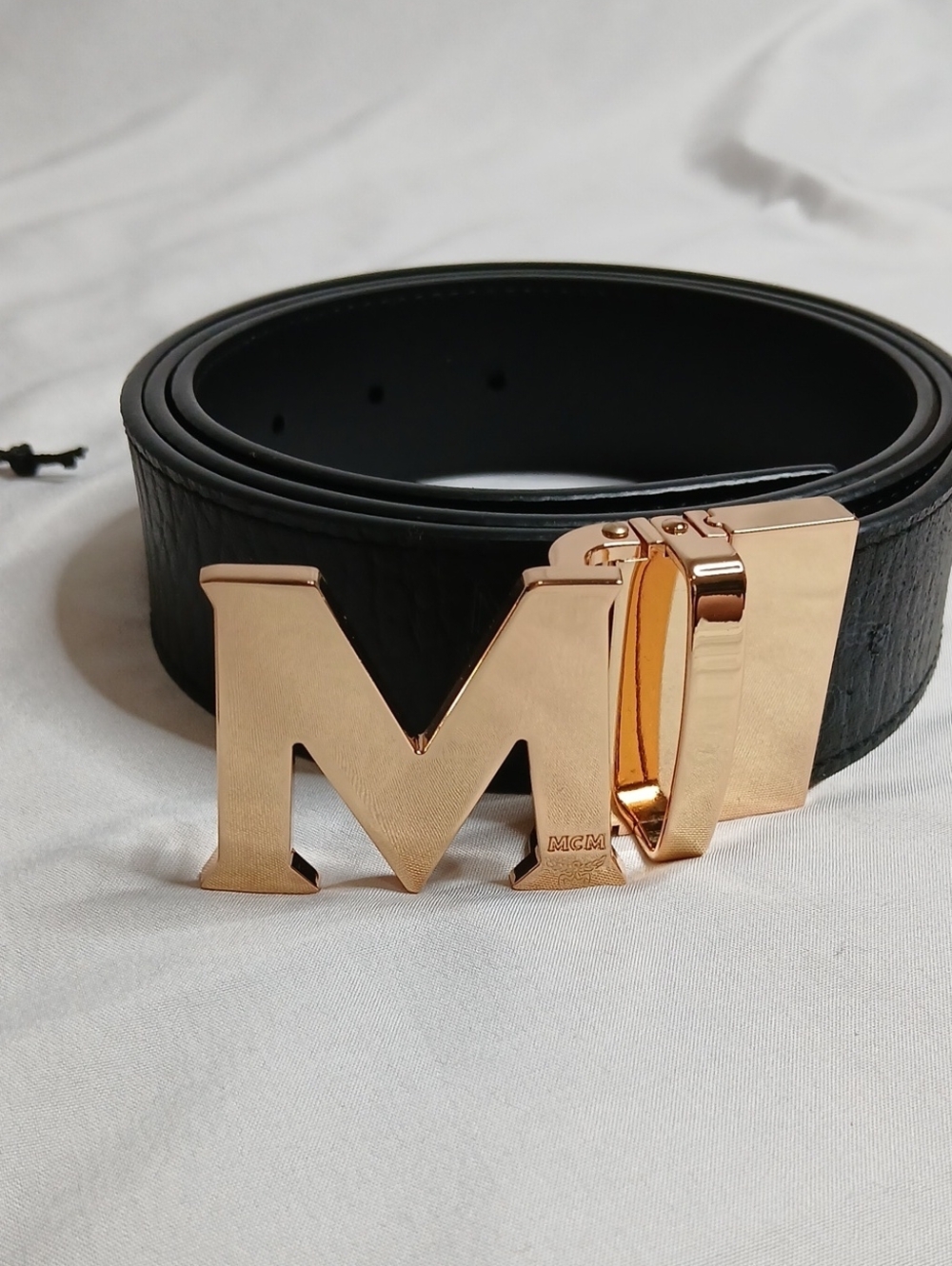 MCM Black Leather Belt with Gold M Buckle